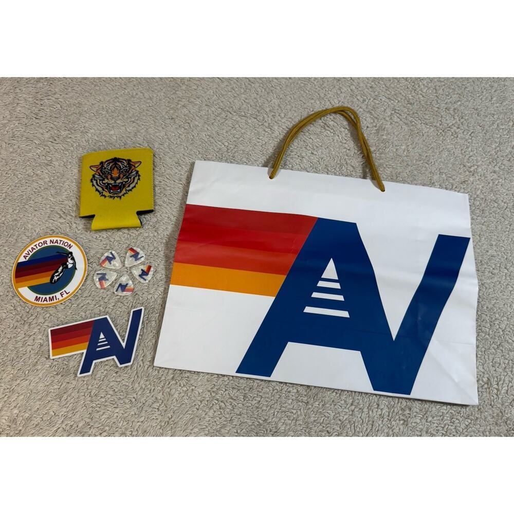 AVIATOR NATION Stickers Tiger Koozie Guitar Picks Can Cooler Retro 70s Bundle